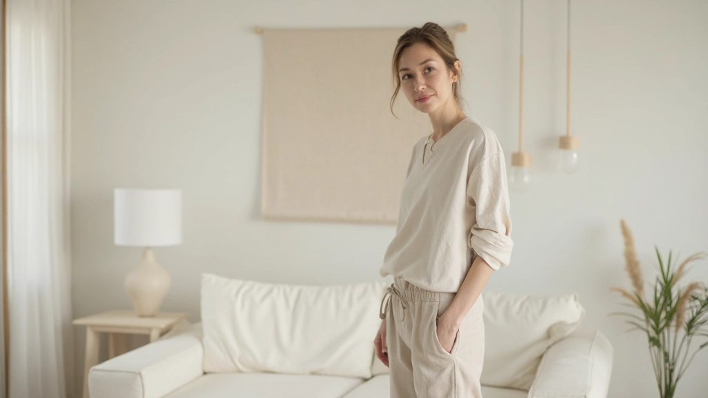 白い壁とベージュのテキスタイルが組み合わさった居心地の良い空間、自然光が柔らかく入る