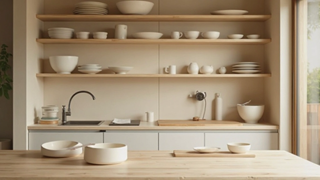 オープンシェルフキッチン、整列した食器、統一された素材感、ミニマルなスタイリング
