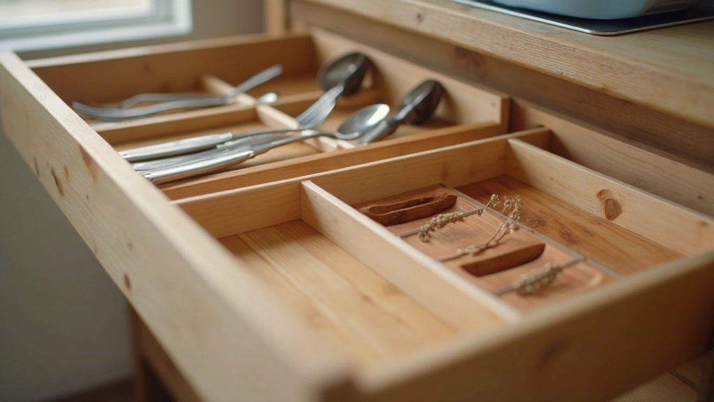 キッチン引き出しの整理、カテゴリー別の配置、シンプルな仕切り、統一された色合い